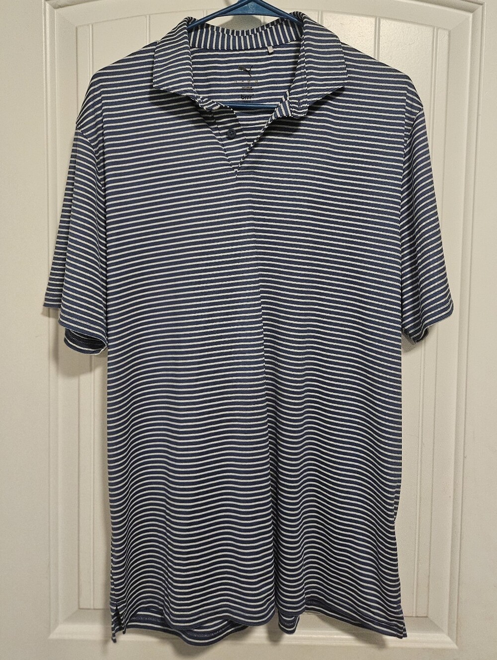 Puma Men's Navy and White Stripe Polo